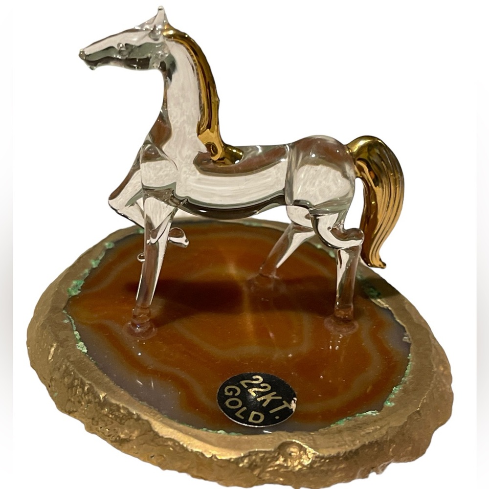Glass Baron Elegant Horse On Polished Stone with 22 kt Gold Accents Rare